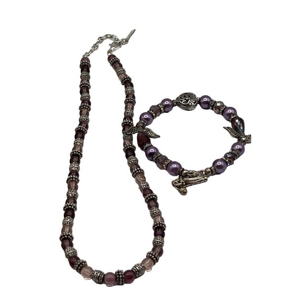 Vintage Napier Beaded Necklace & Bracelet Set With Purple & Silver Accents - Picture 8 of 12